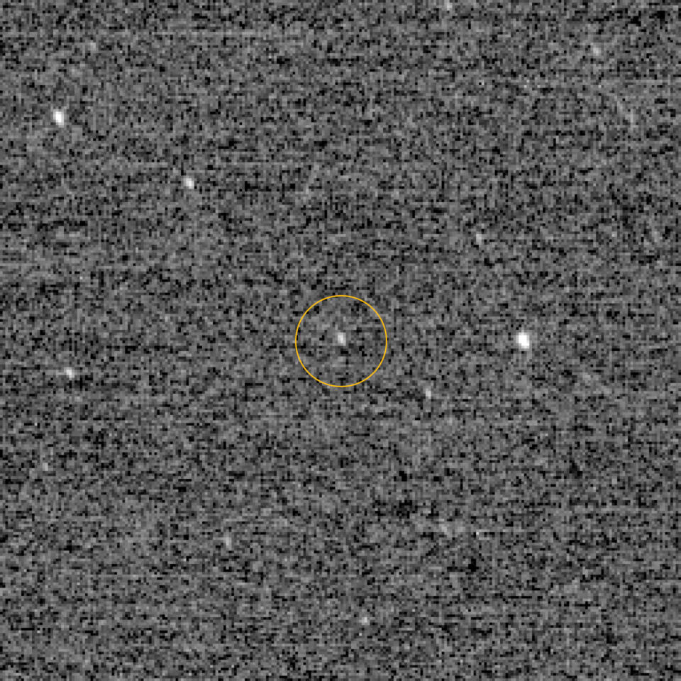 This is the first detection of Ultima Thule using the highest-resolution mode of the Long Range Reconnaissance Imager aboard the New Horizons spacecraft. Three separate images, each with an exposure time of 0.5 seconds, were combined to produce the image. All three images were taken on Dec. 24, when Ultima was 4 billion miles (6.5 billion kilometers) from the sun and 6.3 million miles (10 million km) from the New Horizons spacecraft. <cite>NASA/Johns Hopkins University Applied Physics Laboratory/Southwest Research Institute</cite>